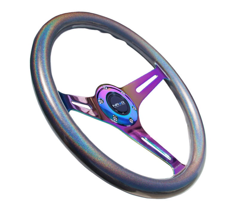 NRG Classic wood grain steering wheel with chameleon pearlescent paint and neochrome 3-spoke grip, 350mm diameter.