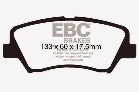 EBC 13+ Hyundai Elantra 1.8 Ultimax2 front brake pads showing OE-style design and metallic backing for improved braking performance.