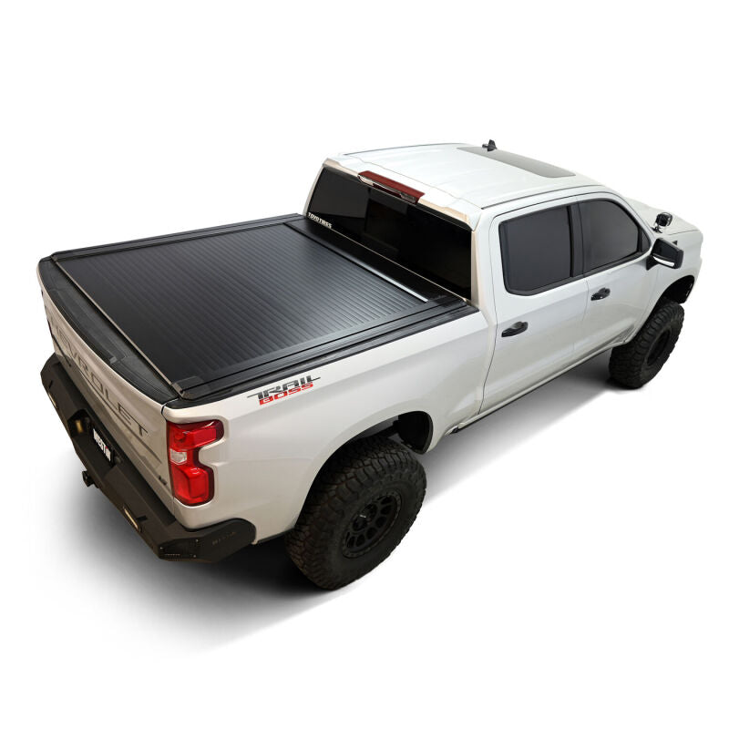 Westin roll-up tonneau cover in black for Chevrolet Silverado/Sierra 1500 5ft 8in bed, manual retractable design.