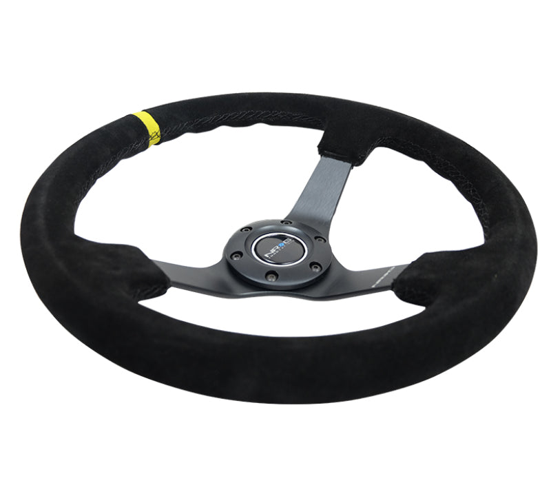 NRG reinforced black suede steering wheel with yellow center marker, 350mm diameter, 3-inch deep, X-stitch detail, 5mm black spoke.