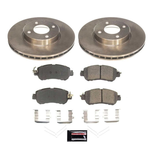PowerStop OE front brake kit for 2018-2019 Nissan Kicks, including brake rotors and pads, installed on the vehicle.