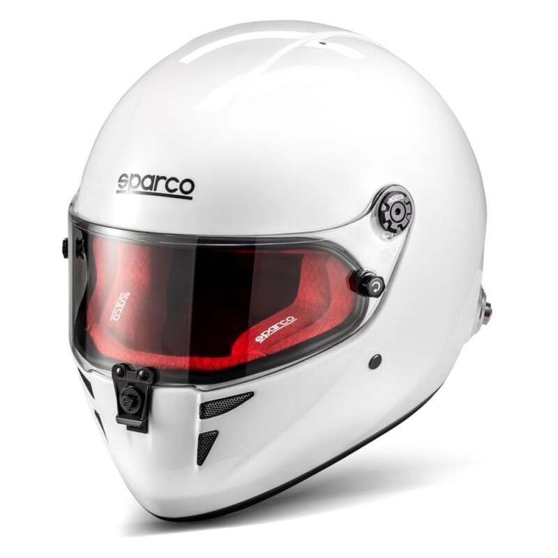 White and red SPARCO Stealth RF helmet in X-small size, showing the sleek design and ventilation vents.