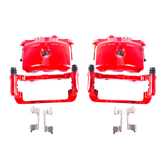 Pair of PowerStop rear red brake calipers with brackets for 2003-2006 Cadillac Escalade, performance brake calipers for enhanced stopping power.