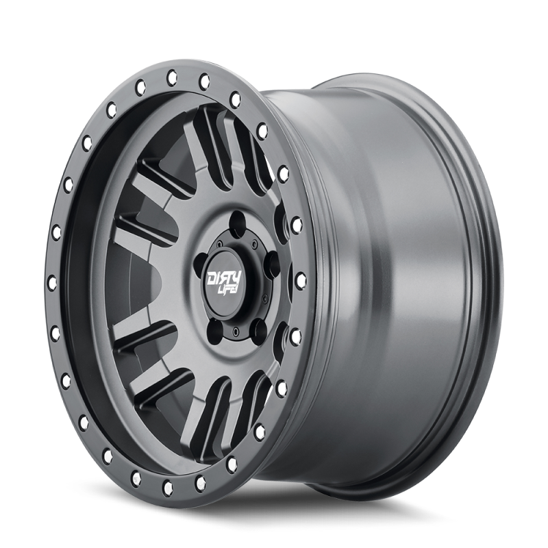 Dirty Life Canyon Pro 17x9 satin graphite cast beadlock wheel with 6x139.7 bolt pattern, 0mm offset, and 106mm hub for off-road vehicles.