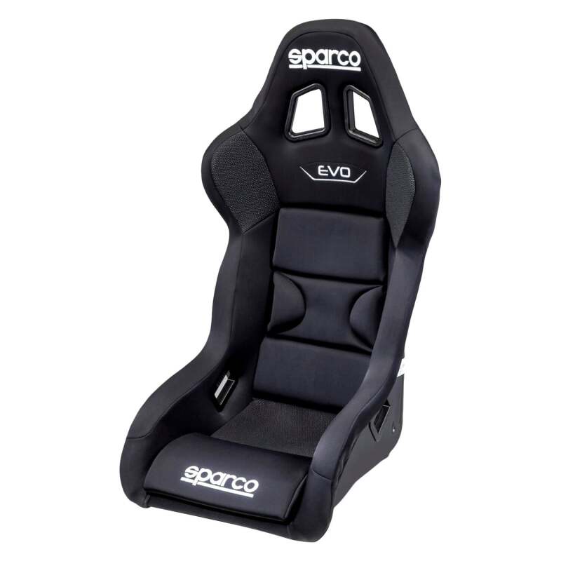 Black Sparco Evo L QRT X race seat with racing harness slots and supportive design for high-performance driving.