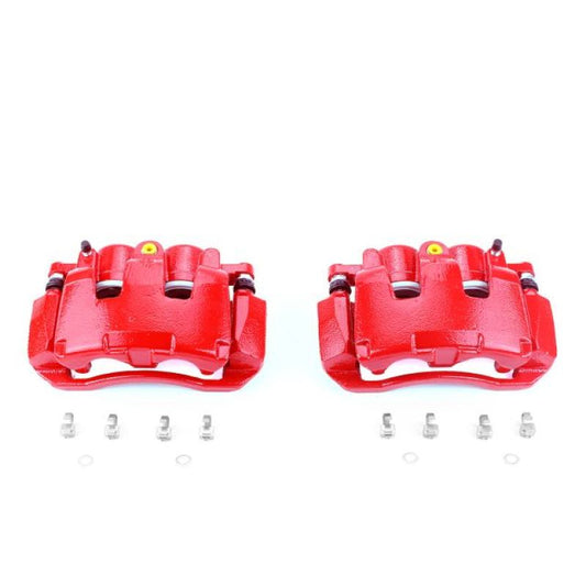 Pair of PowerStop red front brake calipers with brackets for 2007-2009 Chrysler Aspen, performance brake calipers for upgraded stopping power.
