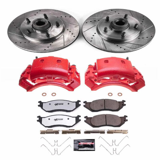 PowerStop front Z36 brake rotors with slot and drilled design for Ford E-150 trucks, ideal for towing and heavy-duty braking.