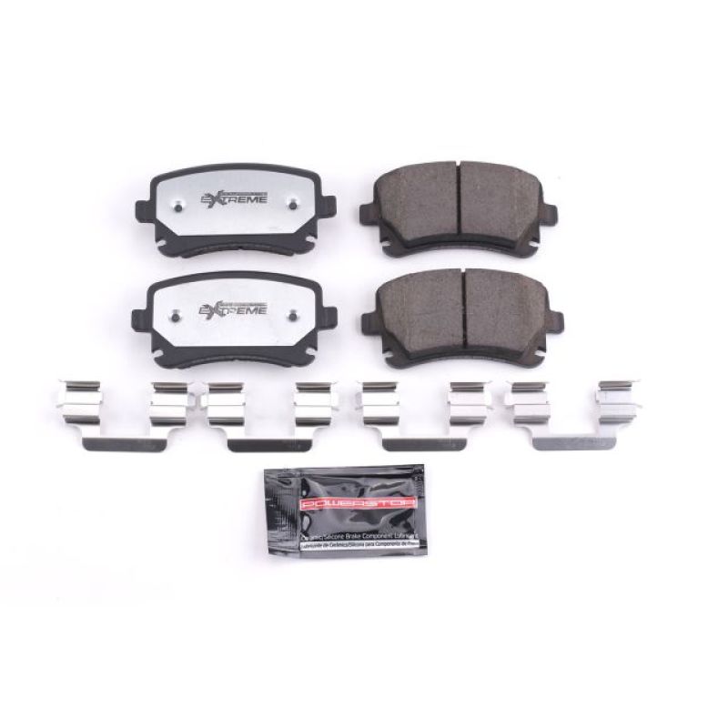 PowerStop Z26 Extreme Street rear brake pads for 2005-2011 Audi A6 Quattro with hardware, high-performance brake system component.