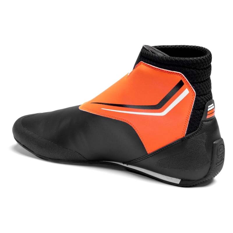 Black and orange Sparco K-Prime 45 racing shoes with racing sole and sporty design, ideal for motorsport enthusiasts.