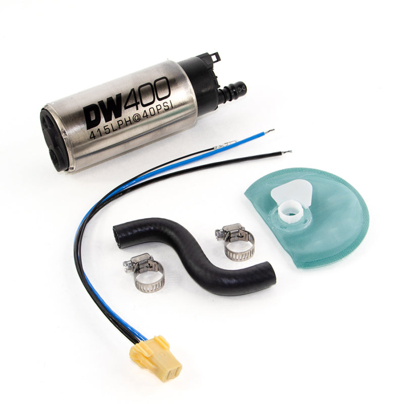 DeatschWerks 415LPH DW400 in-tank fuel pump with install kit for 85-97 Ford Mustang Cobra, showing the pump and installation components.