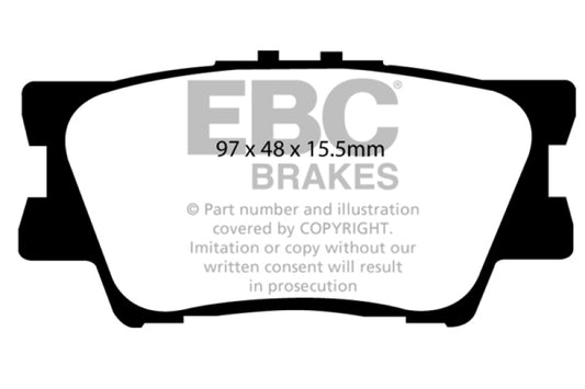 EBC 13+ Lexus ES300h 2.5 Hybrid Ultimax2 rear brake pads, OE type, showing the black brake pad with metal backing plate.