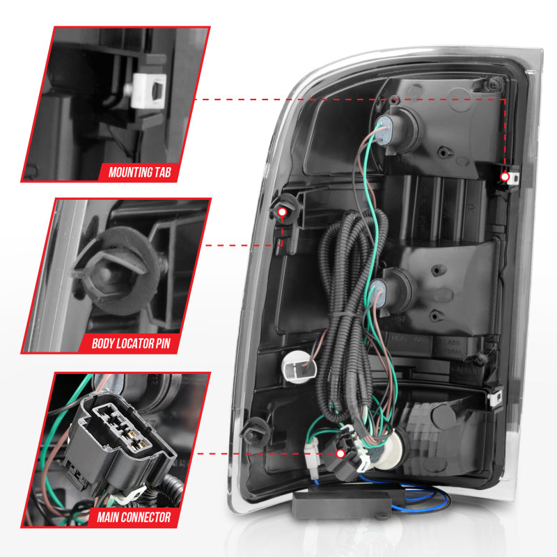 ANZO LED tail lights for 2007-2013 GMC Sierra with black housing and smoke lens, featuring integrated light bar.