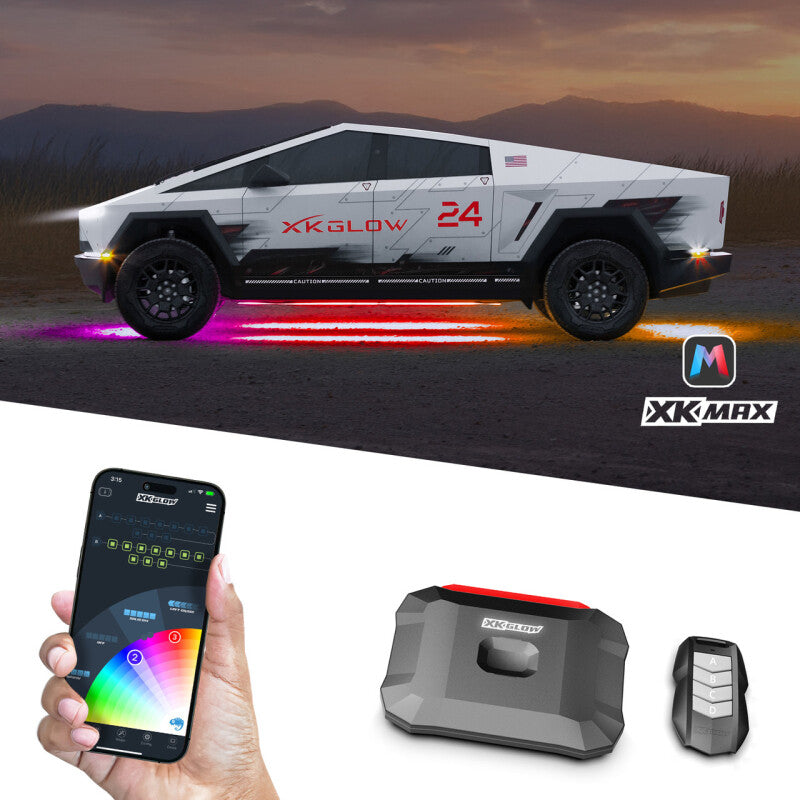 XKGLOW Tesla Cybertruck LED underglow light kit with RGBW chasing lights installed on vehicle underside.
