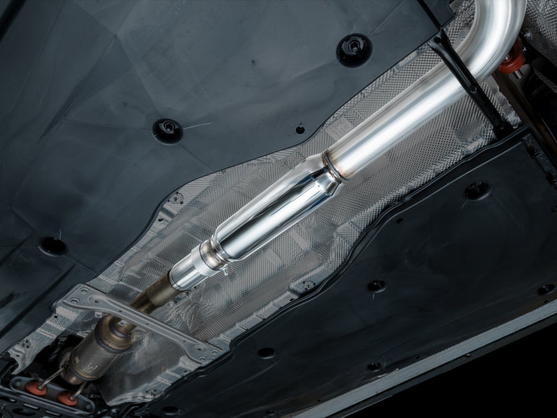 AWE Tuning catback exhaust with diamond black tips installed on a 2022-2025 Volkswagen Jetta GLI Track Edition.