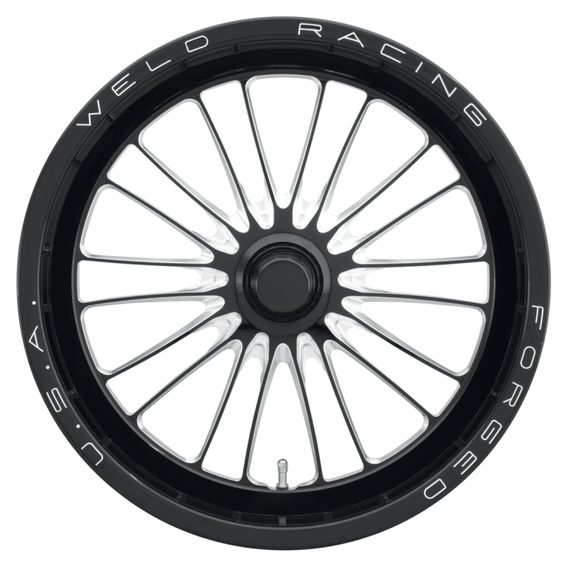 Weld RPM Frontrunner forged wheel in gloss black milled finish, 15x3.5 inches with Anglia Spindle and 1.75 backspacing, non-BL wheel.
