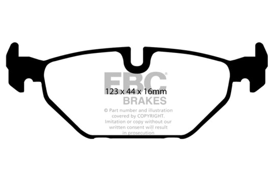 EBC Greenstuff rear brake pads for Saab 9-5 2.3 Turbo Aero, high-performance brake pads installed on the vehicle's rear brakes.