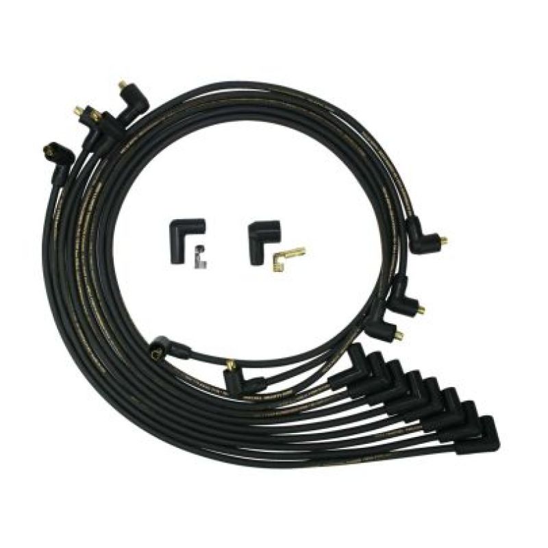 Moroso Chevrolet Small Block spark plug wire set, black non-HEI under header 90-degree magnetic tune ignition wires for enhanced engine performance.