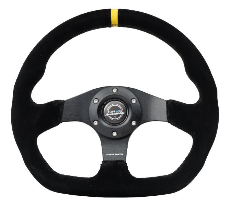 NRG reinforced sport suede steering wheel with flat bottom, yellow center, dual push buttons, 320mm diameter for racing cars