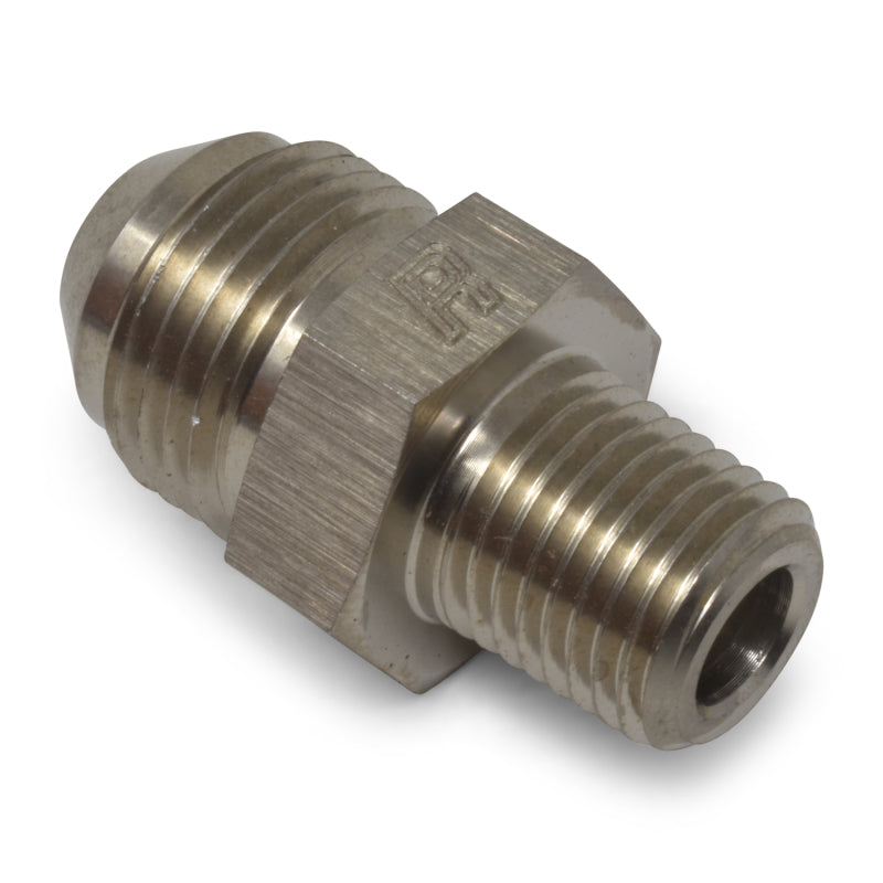 Russell Performance -6 AN to 3/8 inch NPT straight flare to pipe fitting, Endura brand, metal construction, detailed close-up.