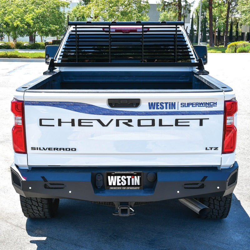 Westin black headache rack for Chevrolet, Ford, GMC, Toyota Silverado and Sierra 1500-3500 HD trucks, mounted on truck bed.