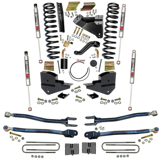 Skyjacker 6-inch lift kit for Ford F250 4WD gas truck with leveling kit, showing lifted truck with large tires and suspension components.