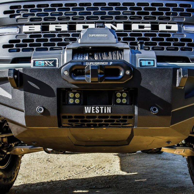 Westin textured black skid plate for 2021-2023 Ford Bronco, excluding Bronco Sport, showing durable metal construction.
