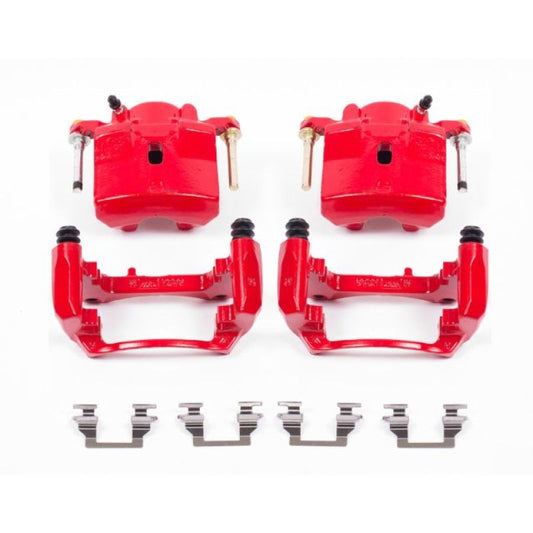 Pair of PowerStop front red brake calipers with brackets for Chevrolet Malibu 2006-2012, performance brake calipers for enhanced stopping power.