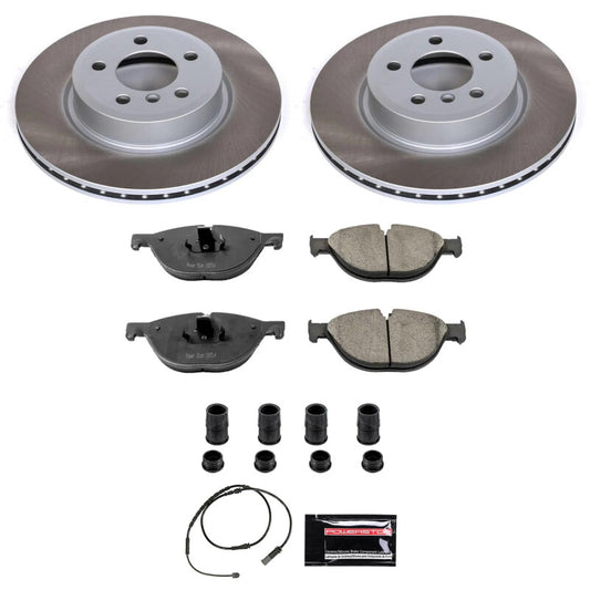 PowerStop front semi-coated brake rotor kit for BMW 528i (2012-2013) with performance blank brake rotors and black coating.