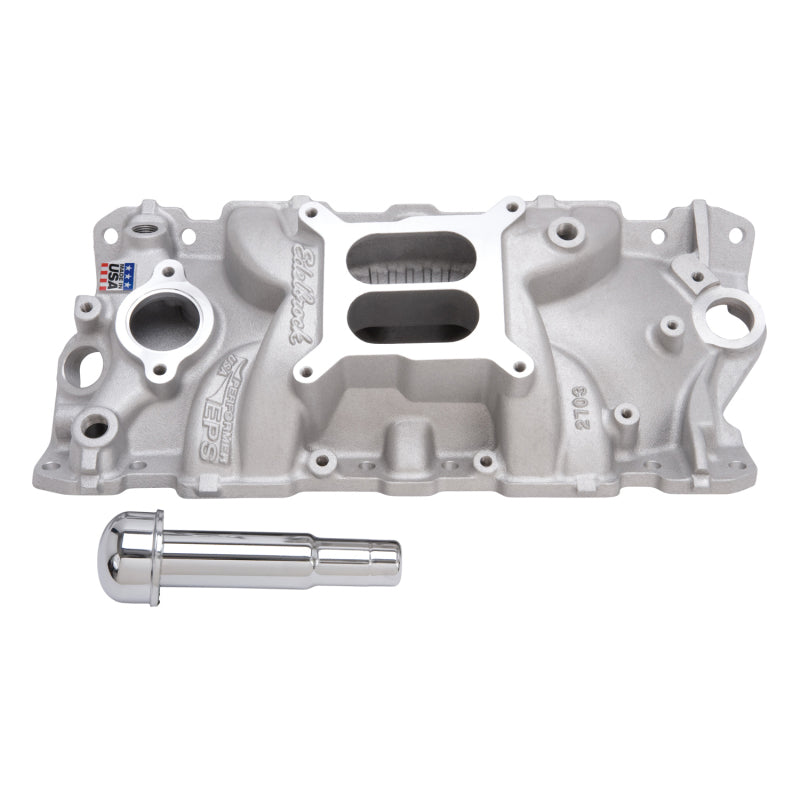 Edelbrock Performer EPS small-block Chevy intake manifold with oil fill tube and breather, engine components and mounting surfaces