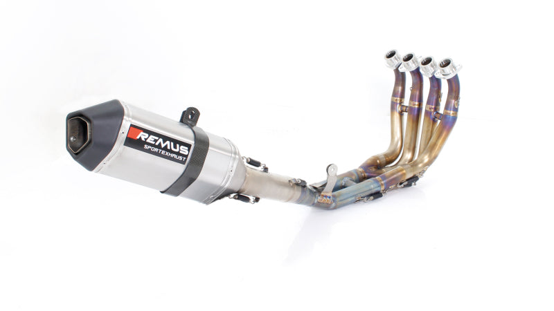 Remus titanium race slip-on exhaust for Yamaha YZF-R6 2017 model, showcasing sleek design and branding details.