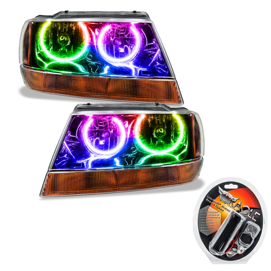 Oracle 99-04 Jeep Grand Cherokee SMD Headlights in black with ColorSHIFT technology, showcasing the sleek, modern design.