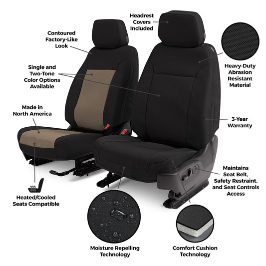 Covercraft Endura PrecisionFit second-row seat covers for Ford Bronco 2021-2024, charcoal and silver color, custom fit.