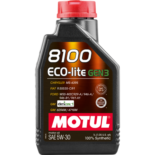 Motul 1L Synthetic Engine Oil 8100 Eco-Lite Gen3 5W30 bottle, ideal for car engines, with a sleek blue and white label design.