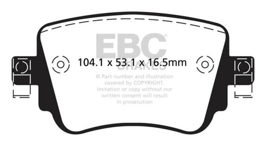 EBC Greenstuff rear brake pads for Volkswagen GTi 2.0 Turbo, performance brake pads with green friction material, side view