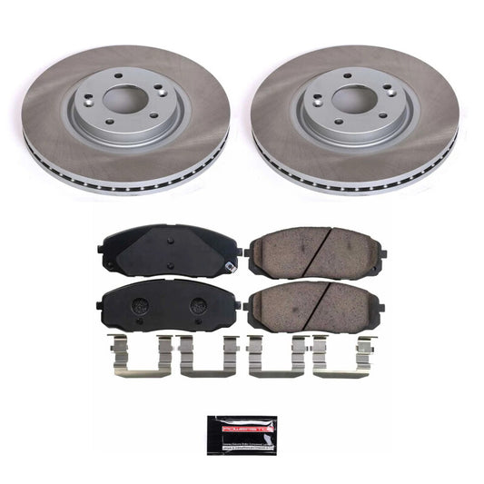 PowerStop front semi-coated rotor kit for Kia Sedona 2015-2021, showing performance brake rotors with black coating.