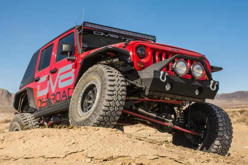 DV8 Offroad Jeep Wrangler JK flat tube fenders for 2007-2018 models, showing front and rear fender design with durable metal construction.