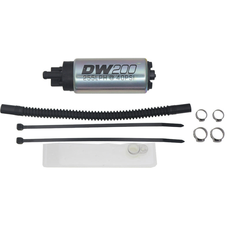 DeatschWerks 255 LPH in-tank fuel pump with setup kit for Harley-Davidson Sportster 2007-2018, showing the pump and installation components.