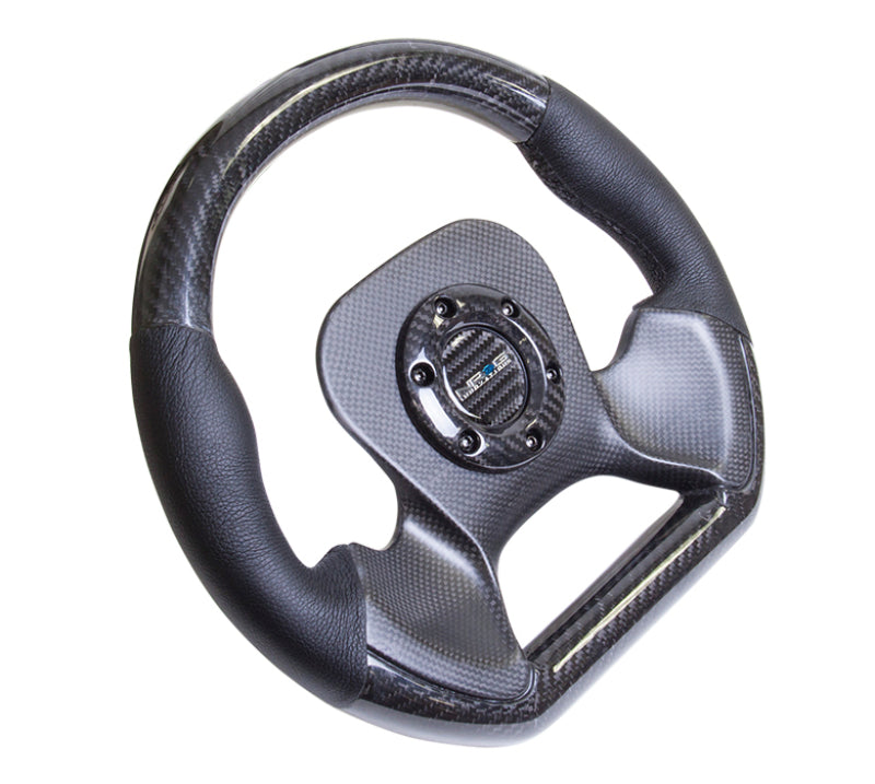 NRG carbon fiber steering wheel with 320mm diameter, CF center plate, two-tone carbon and leather trim handles.