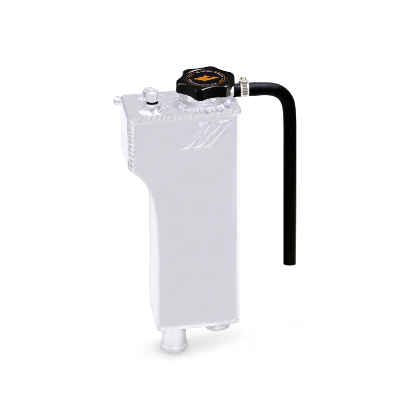 Mishimoto aluminum coolant expansion tank for BMW 3 Series E36 E46 E90, with black cap and mounting brackets.