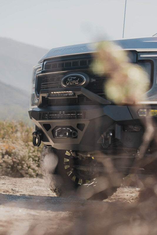 DV8 Offroad steel front bumper for Ford Super Duty F-250/F-350 2017-2022, rugged and durable off-road bumper in black finish