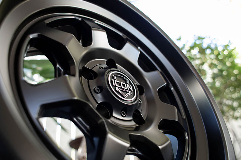 ICON Nuevo 17x8.5 satin black cast wheel with 5x150 bolt pattern and 25mm offset, featuring 5.75-inch backspacing.