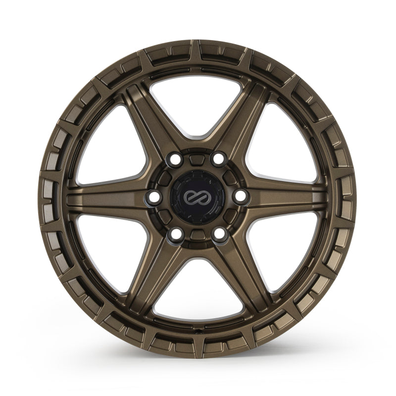 Enkei Trail-Finder 18x9 matte bronze cast wheel with 6x139.7 bolt pattern, ET20 offset, and 106.1mm bore for off-road vehicles.