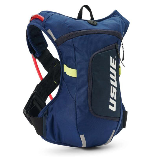 USWE Moto Hydro Hydration Pack 4L in Factory Blue, a durable hydration pack with adjustable straps and a large water reservoir.