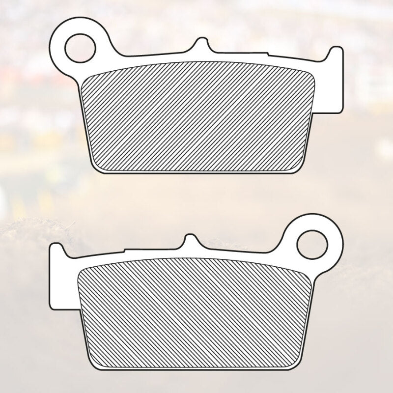 Renthal racing rear brake pads for Kawasaki KX, Suzuki RMZ, Yamaha YZ, and TM Racing bikes, shown with textured brake pad surface.