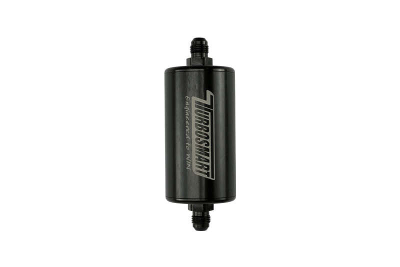 Turbosmart 10um 6AN inline fuel filter in black, showing the compact metal filter with inlet and outlet fittings.