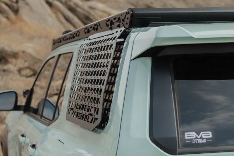DV8 Offroad Toyota 4Runner exterior window Molle panel for DV8 roof rack, driver side, mounted on vehicle window area.
