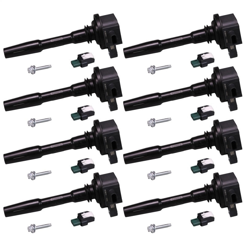 Ford Racing 5.0L/5.2L Hi-Energy Engine Ignition Coils set of 8 for upgraded ignition system, shown in the image.