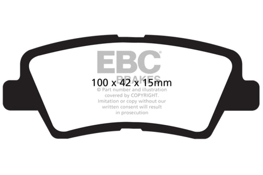 EBC 12+ Hyundai Accent 1.6 Ultimax2 rear brake pads, OE type, showing the brake pad components against a white background.
