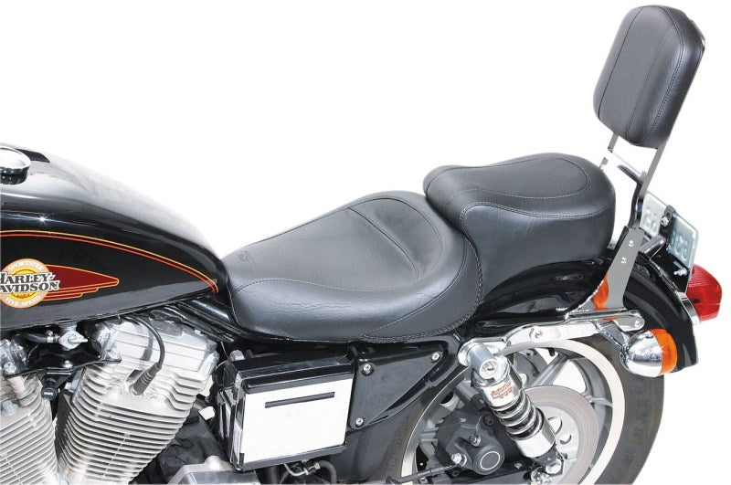 Black Mustang 82-03 Harley Sportster Standard Touring one-piece motorcycle seat with contoured design for rider comfort.