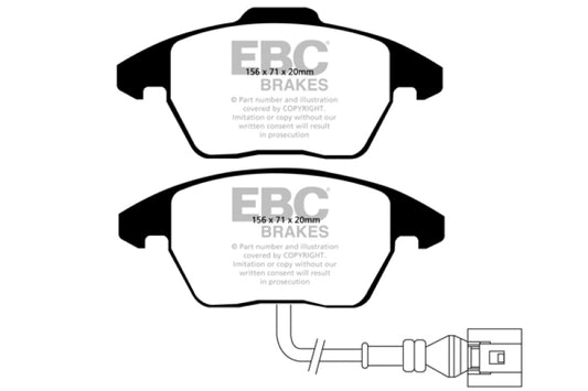 EBC Redstuff front brake pads for 2006-2013 Audi A3 2.0 Turbo, performance Girling rear caliper brake pads on a vehicle.